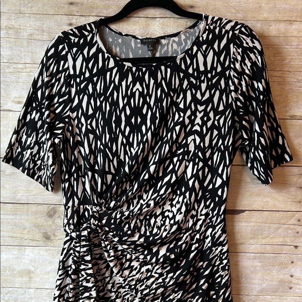 Talbots Black and Cream Abstract Ruched Waist Dress